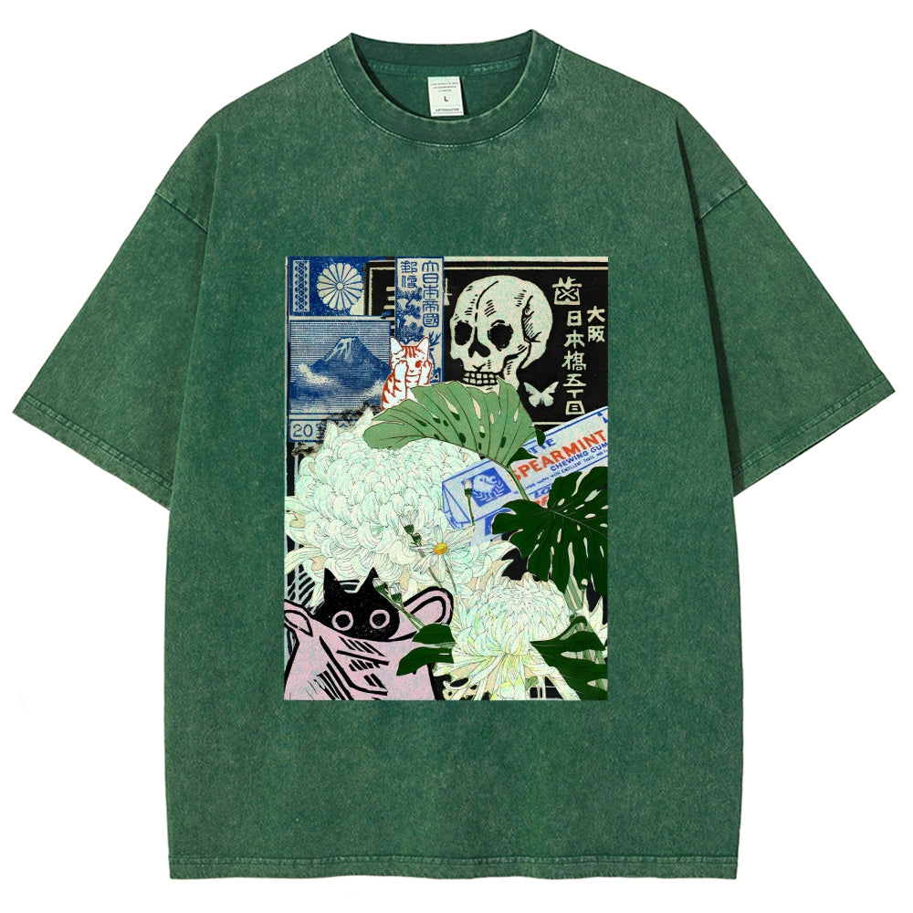 Chrysanthemum Japanese cat Washed T-Shirt