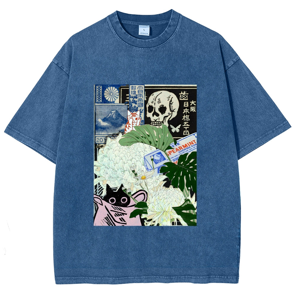 Chrysanthemum Japanese cat Washed T-Shirt