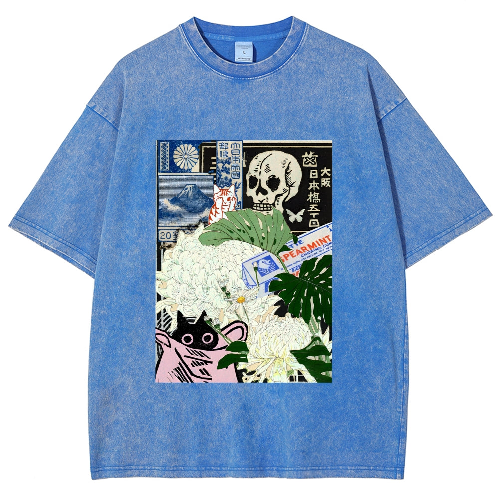 Chrysanthemum Japanese cat Washed T-Shirt