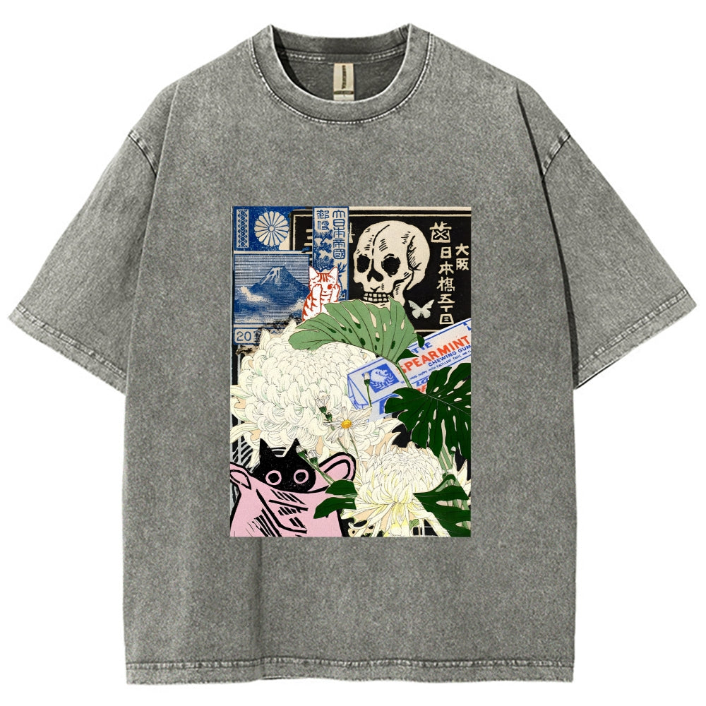 Chrysanthemum Japanese cat Washed T-Shirt