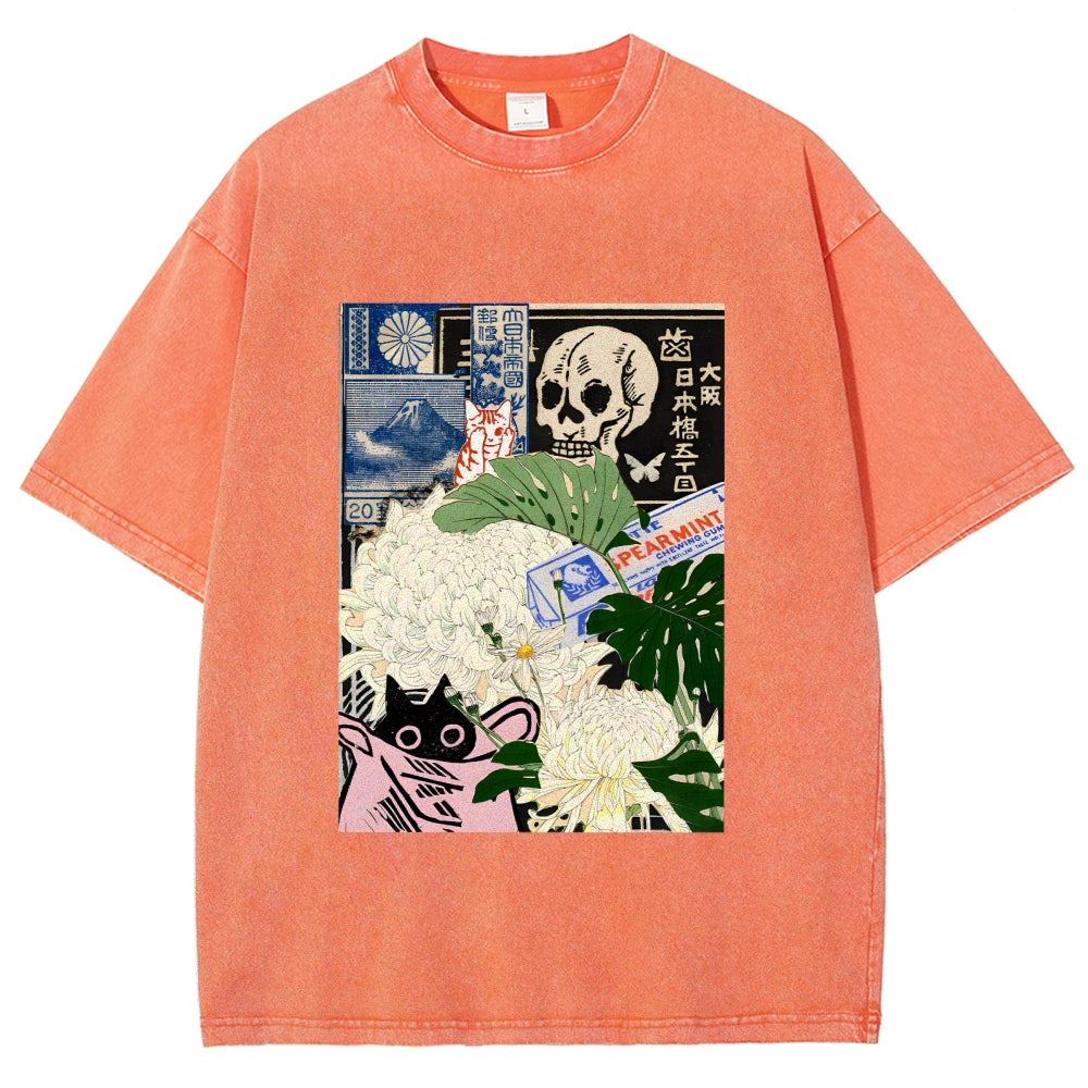 Chrysanthemum Japanese cat Washed T-Shirt