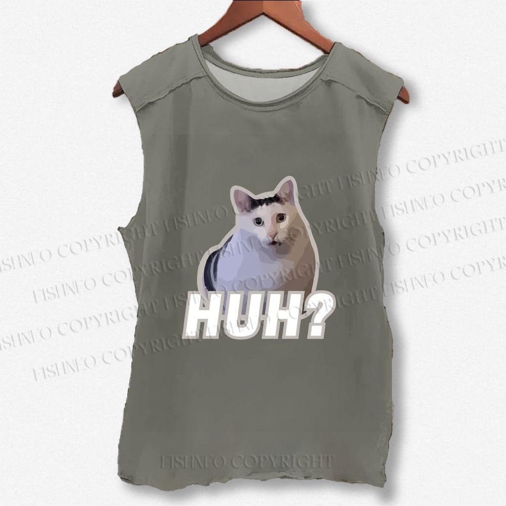 Unisex Funny Cat Meme Printed Washed Tank Top
