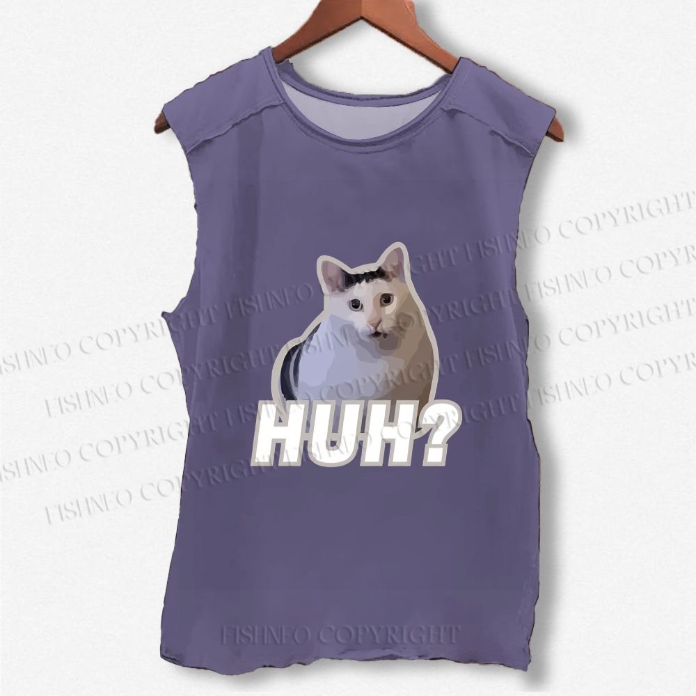 Unisex Funny Cat Meme Printed Washed Tank Top
