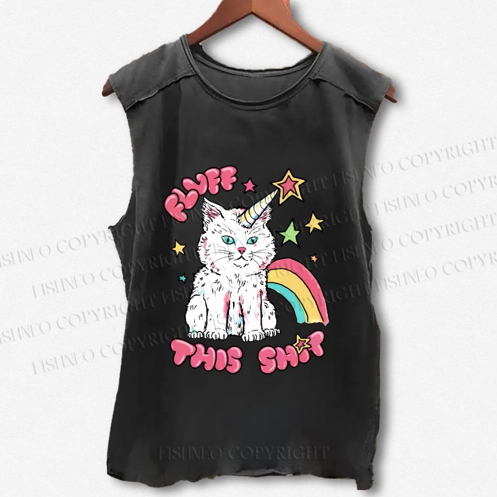 Unisex Cute Pink Cat Printed Washed Tank Top