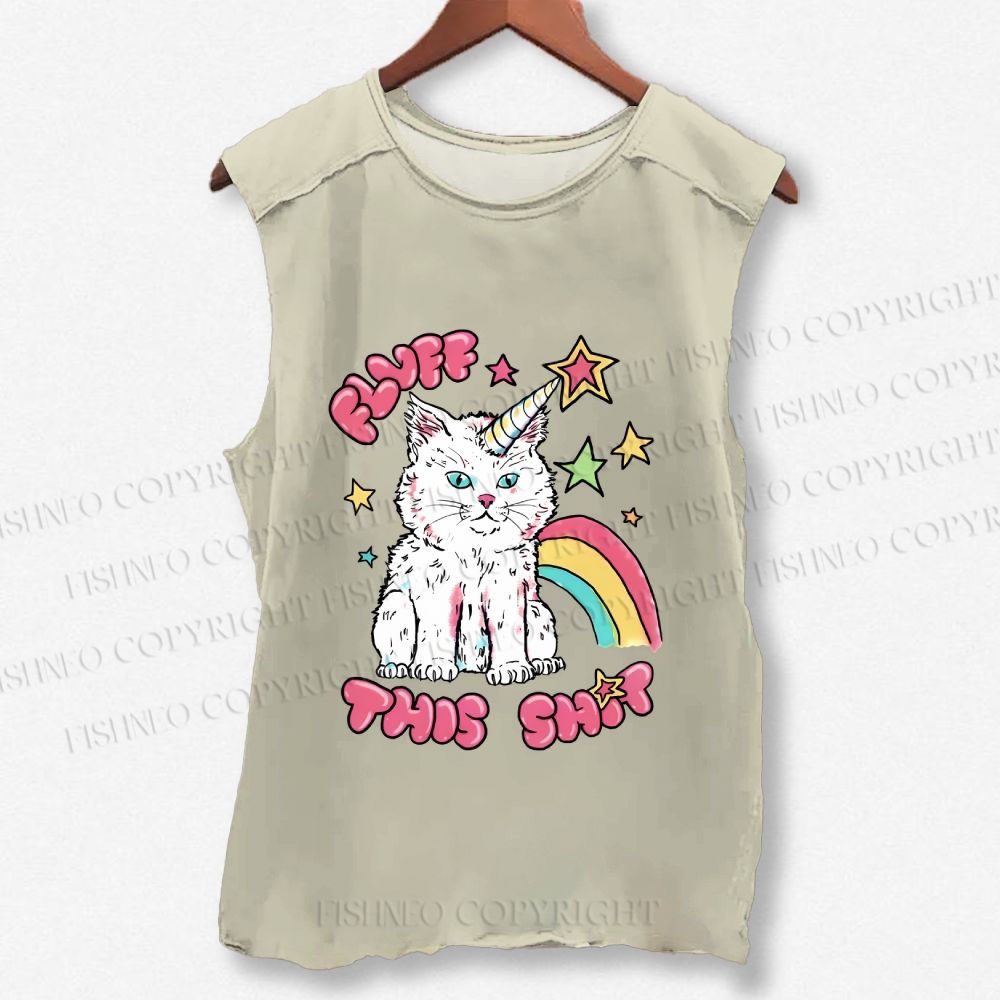 Unisex Cute Pink Cat Printed Washed Tank Top