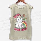 Unisex Cute Pink Cat Printed Washed Tank Top