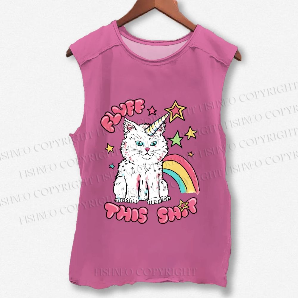 Unisex Cute Pink Cat Printed Washed Tank Top