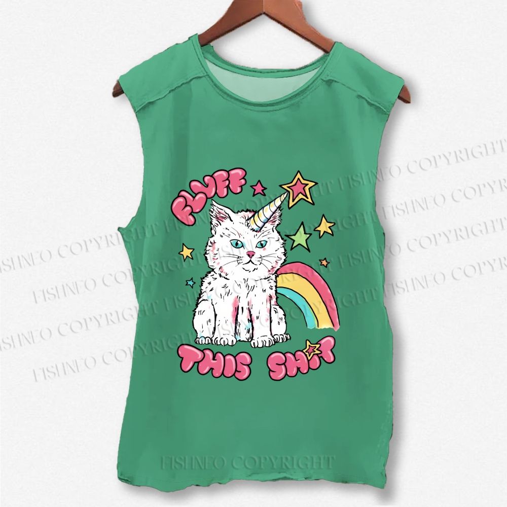 Unisex Cute Pink Cat Printed Washed Tank Top