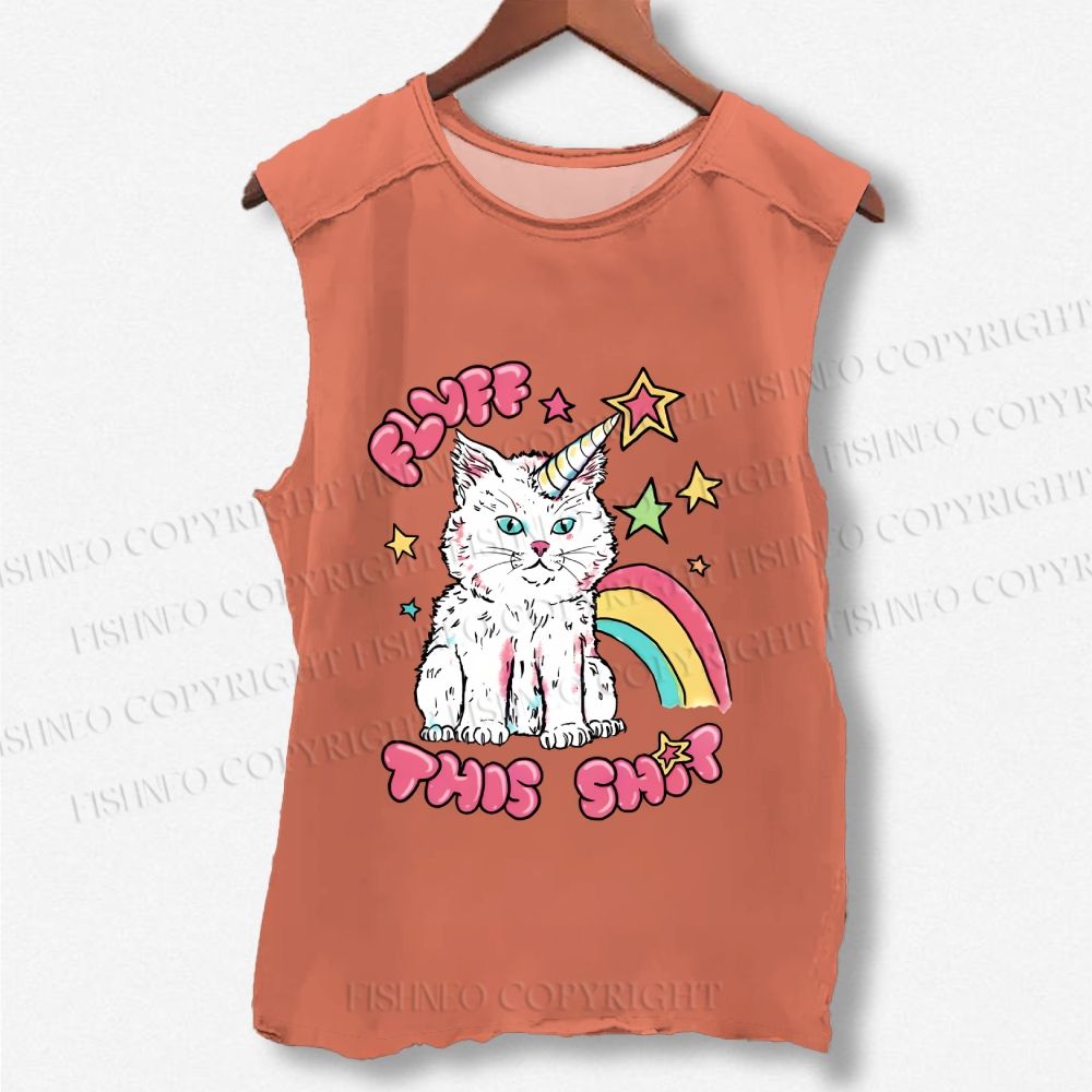 Unisex Cute Pink Cat Printed Washed Tank Top