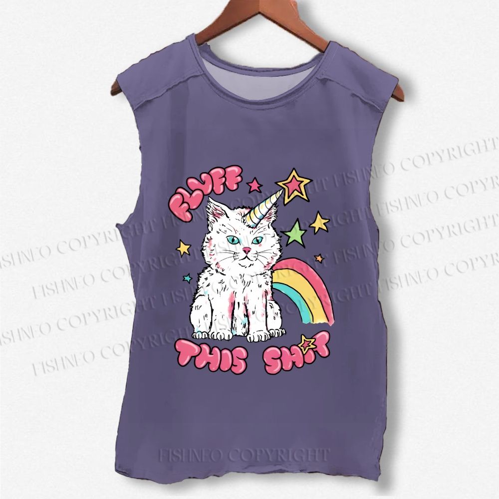 Unisex Cute Pink Cat Printed Washed Tank Top