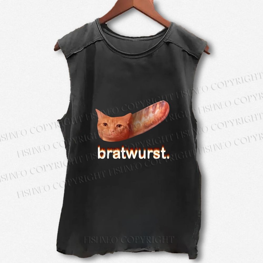 Unisex Cat Bread Bratwurst Printed Washed Tank Top
