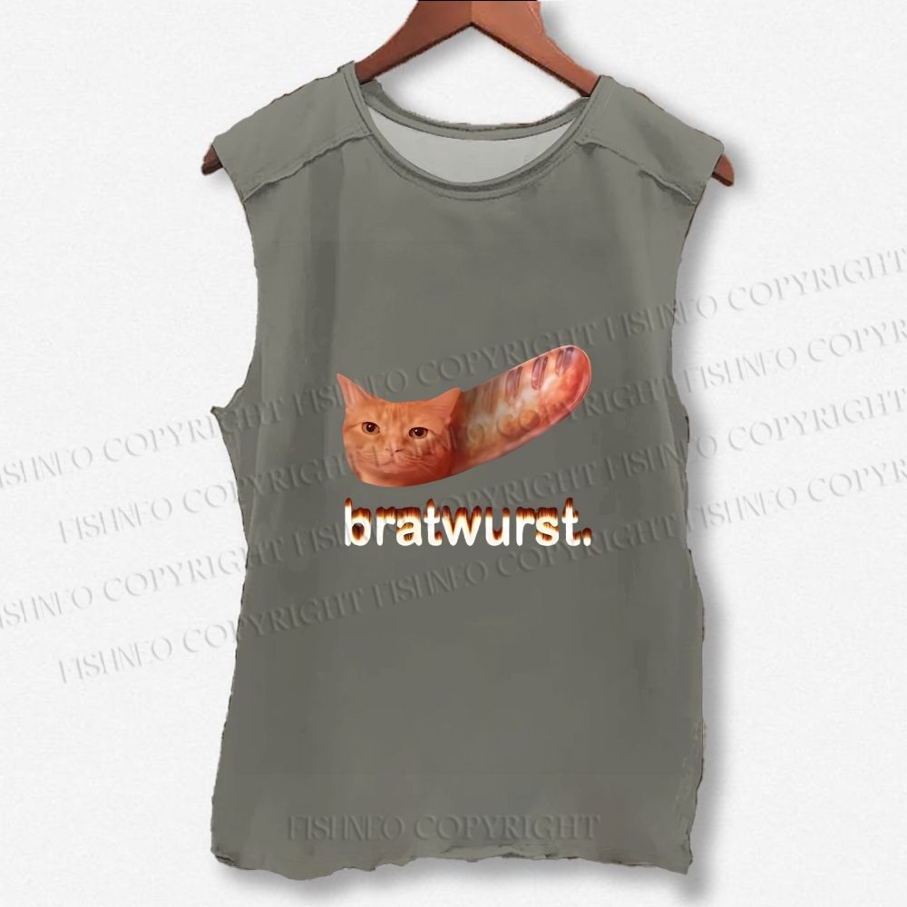 Unisex Cat Bread Bratwurst Printed Washed Tank Top
