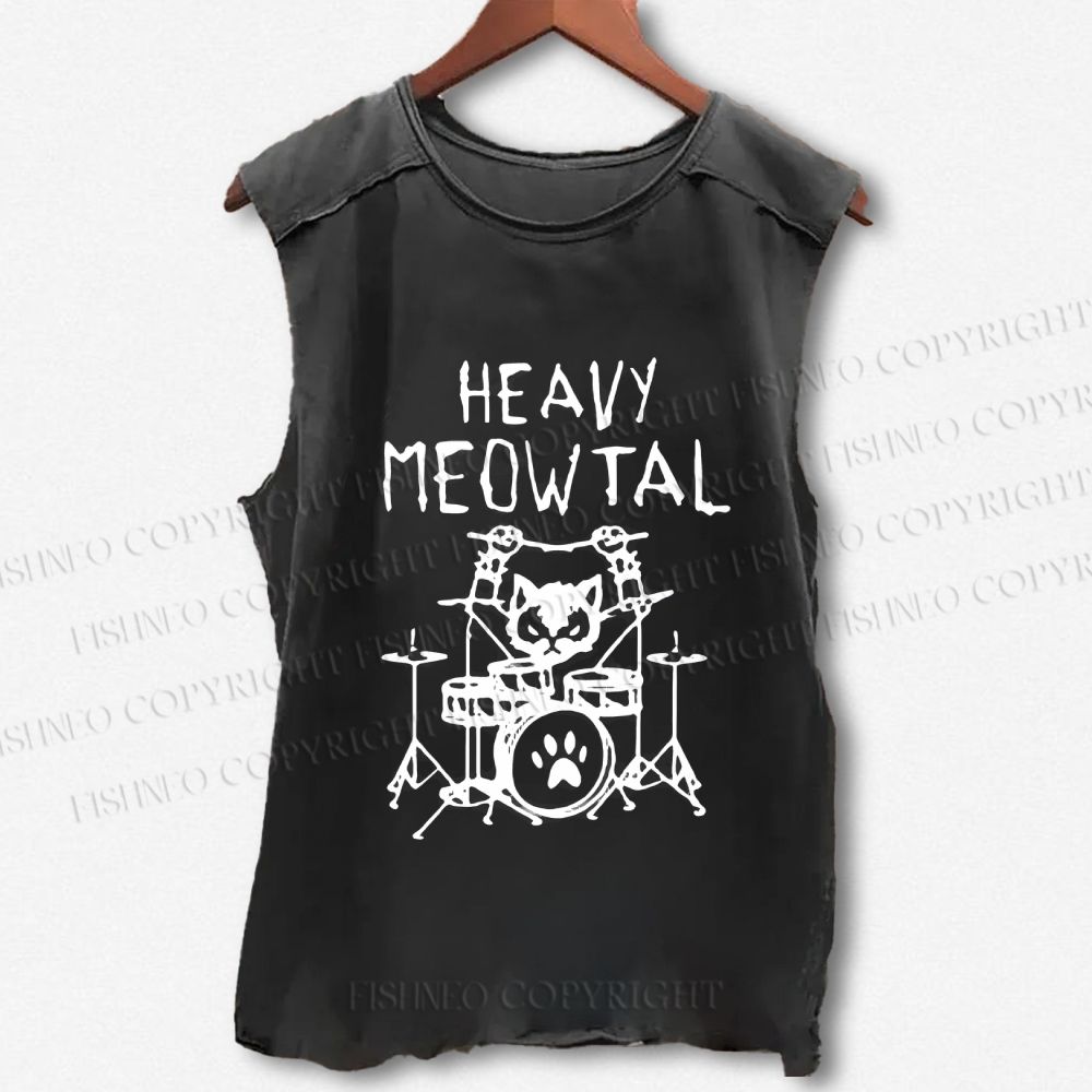Unisex Heavy Meowtal Cat Printed Washed Tank Top