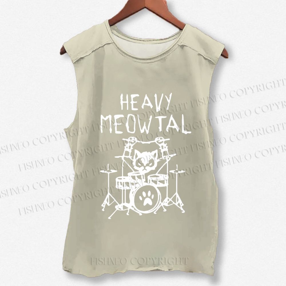 Unisex Heavy Meowtal Cat Printed Washed Tank Top