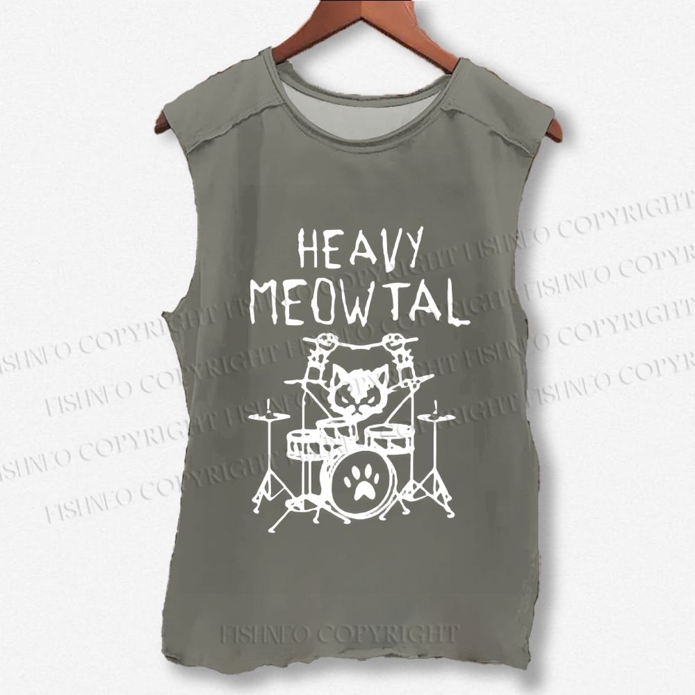 Unisex Heavy Meowtal Cat Printed Washed Tank Top