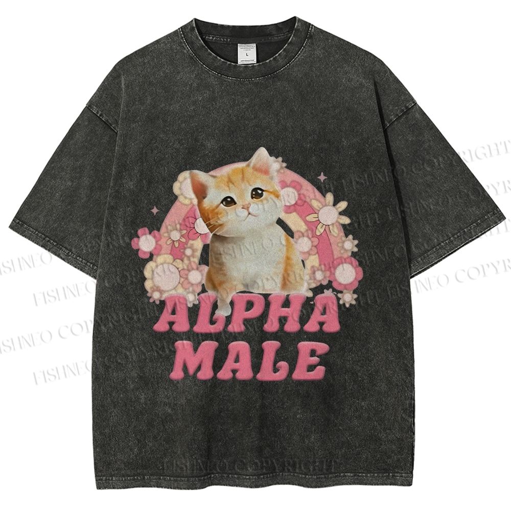 Unisex Alpha Male Cat Meme Printed Washed Tee