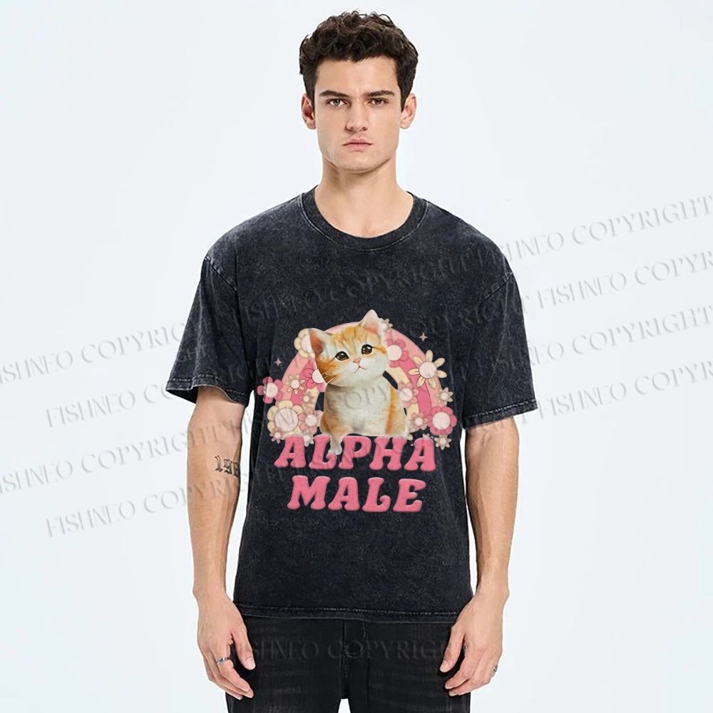 Unisex Alpha Male Cat Meme Printed Washed Tee