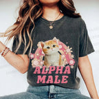 Unisex Alpha Male Cat Meme Printed Washed Tee