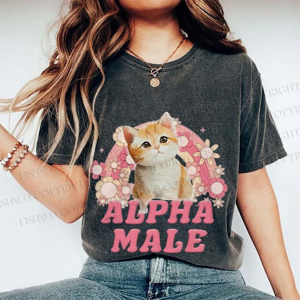 Unisex Alpha Male Cat Meme Printed Washed Tee
