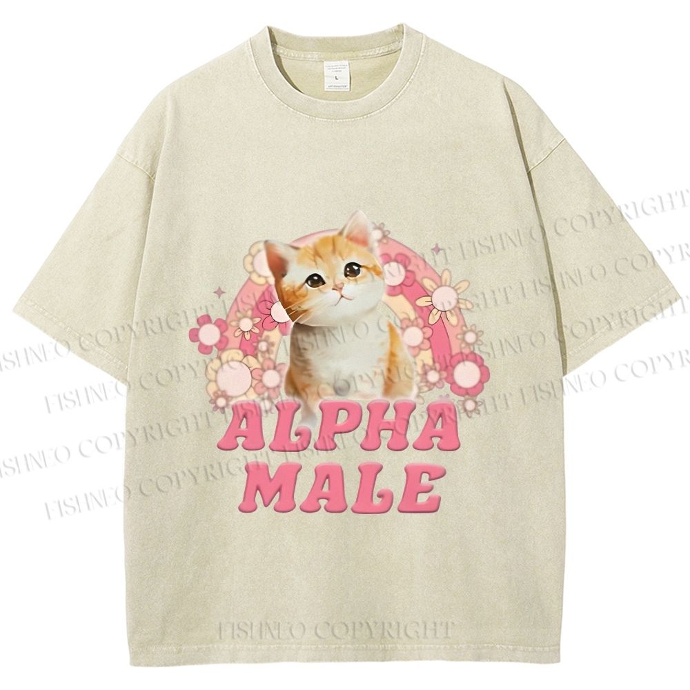 Unisex Alpha Male Cat Meme Printed Washed Tee