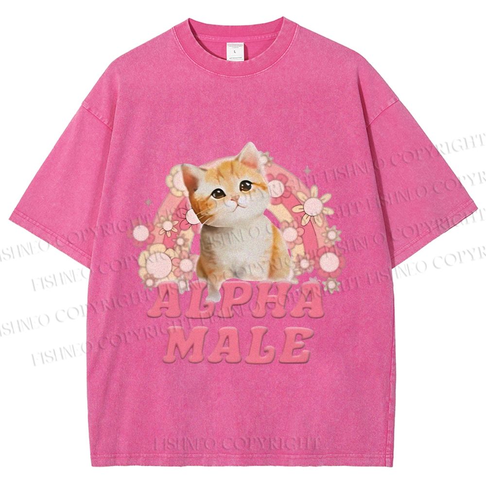 Unisex Alpha Male Cat Meme Printed Washed Tee