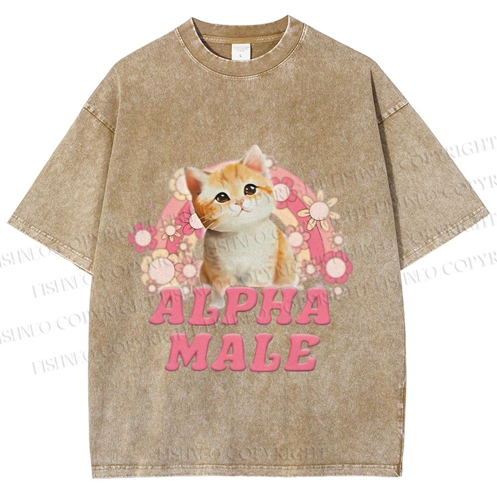 Unisex Alpha Male Cat Meme Printed Washed Tee