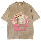 Unisex Alpha Male Cat Meme Printed Washed Tee