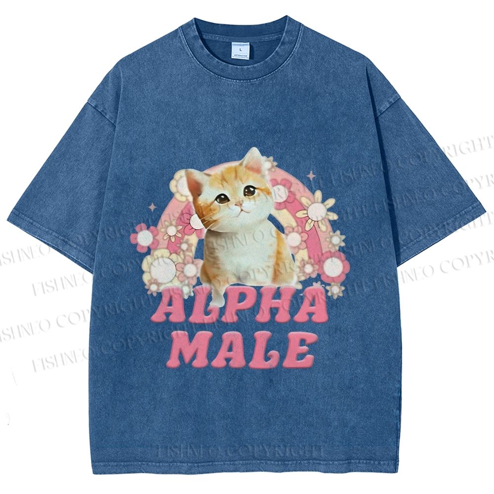 Unisex Alpha Male Cat Meme Printed Washed Tee