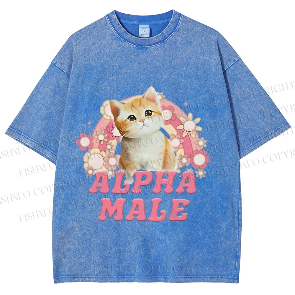 Unisex Alpha Male Cat Meme Printed Washed Tee