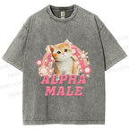 Unisex Alpha Male Cat Meme Printed Washed Tee