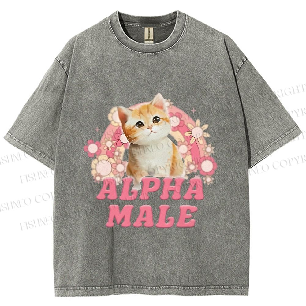 Unisex Alpha Male Cat Meme Printed Washed Tee