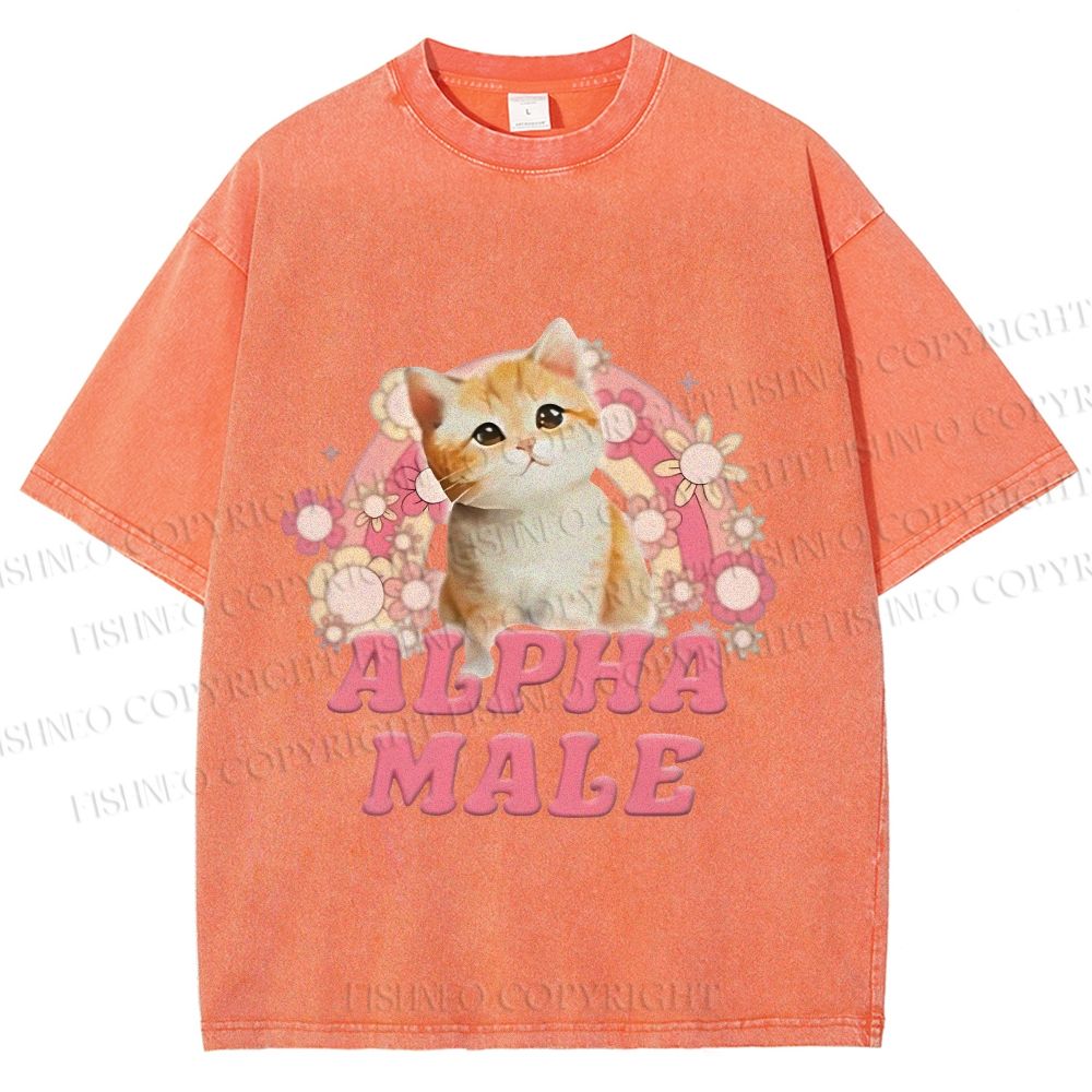 Unisex Alpha Male Cat Meme Printed Washed Tee