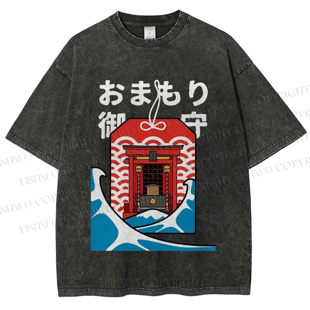 Unisex Japanese Art Wave Printed Washed Tee