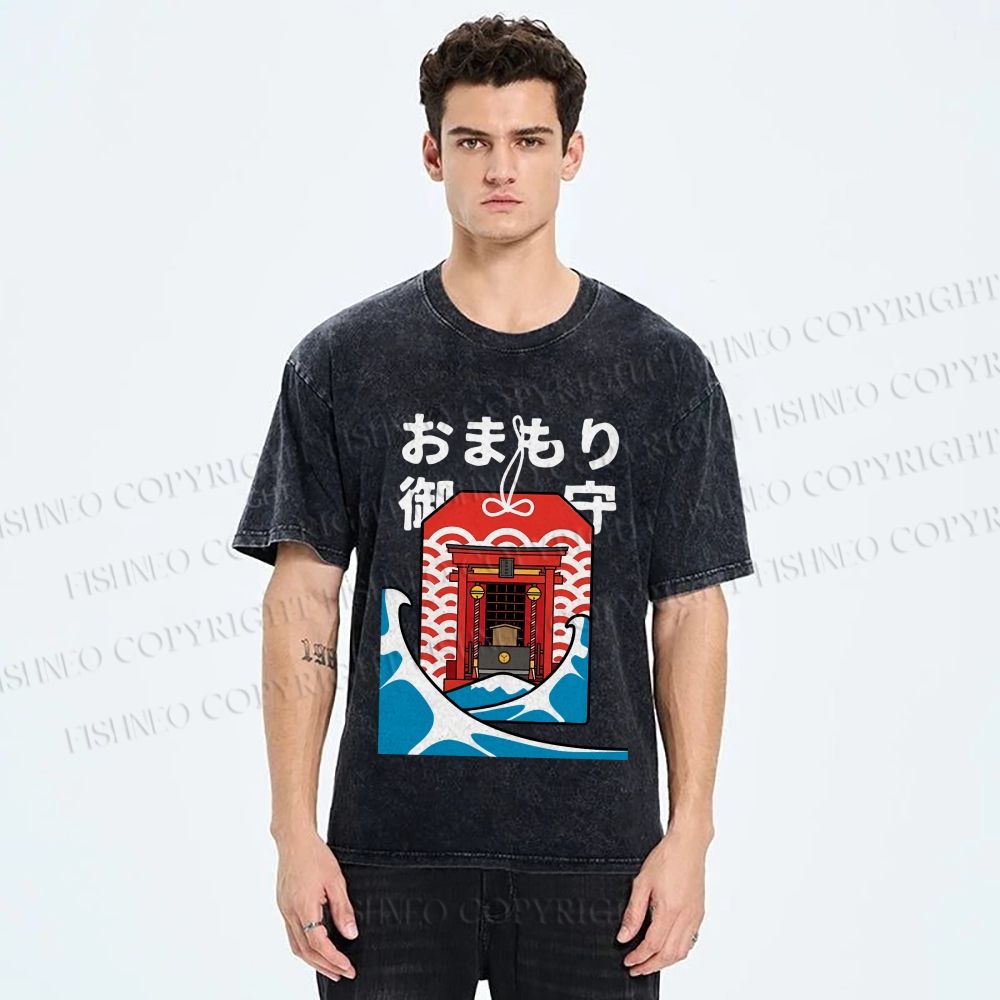 Unisex Japanese Art Wave Printed Washed Tee
