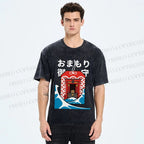 Unisex Japanese Art Wave Printed Washed Tee