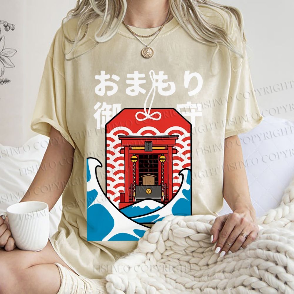 Unisex Japanese Art Wave Printed Washed Tee