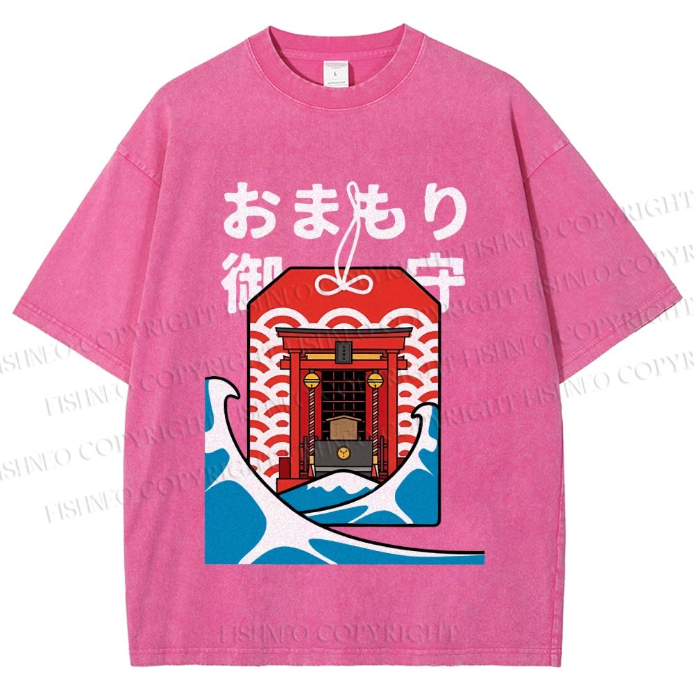 Unisex Japanese Art Wave Printed Washed Tee