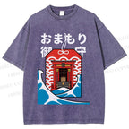 Unisex Japanese Art Wave Printed Washed Tee