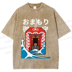 Unisex Japanese Art Wave Printed Washed Tee