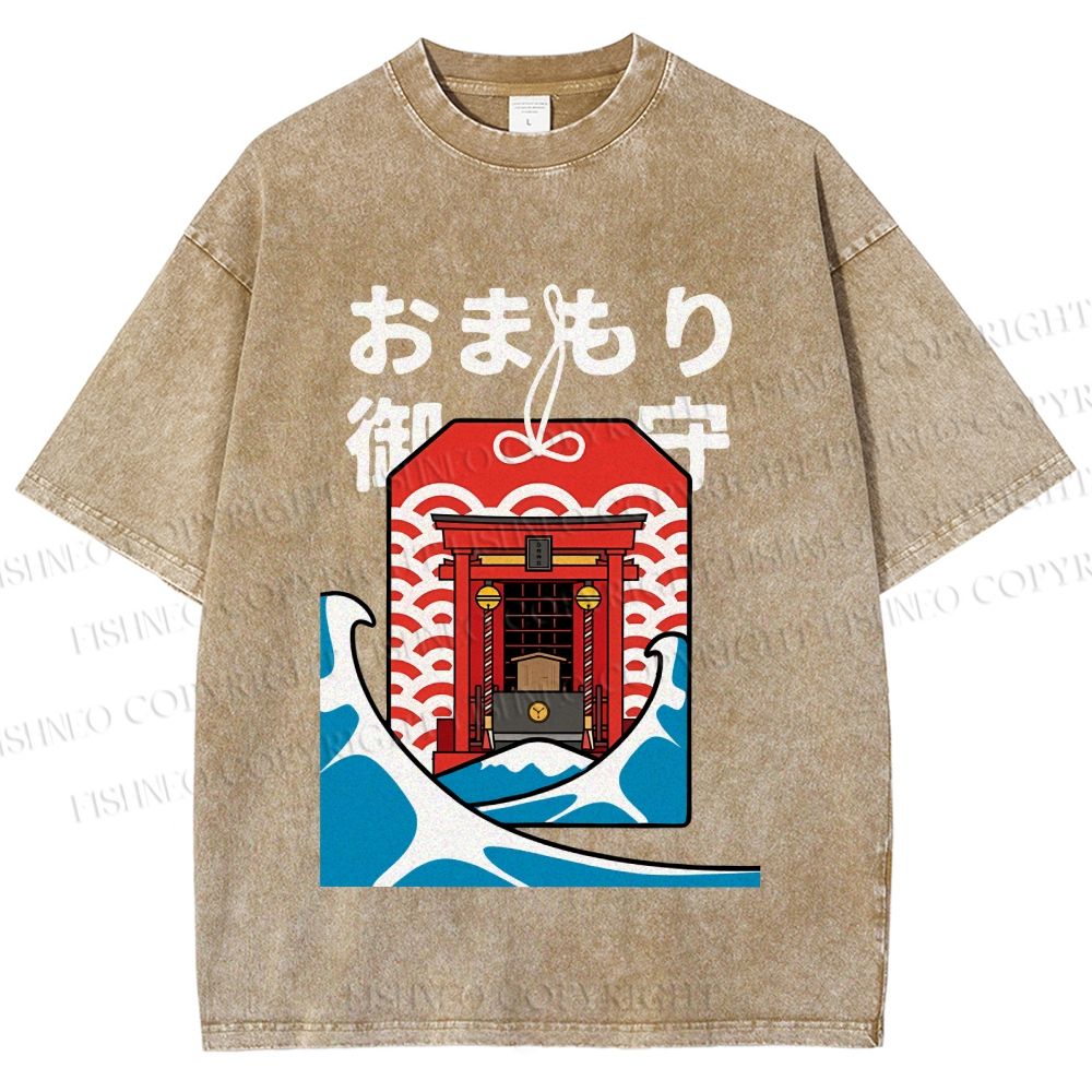 Unisex Japanese Art Wave Printed Washed Tee