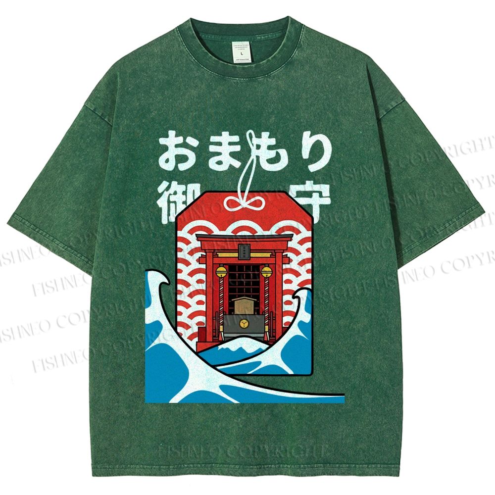 Unisex Japanese Art Wave Printed Washed Tee