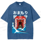 Unisex Japanese Art Wave Printed Washed Tee