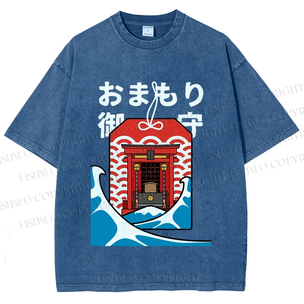 Unisex Japanese Art Wave Printed Washed Tee