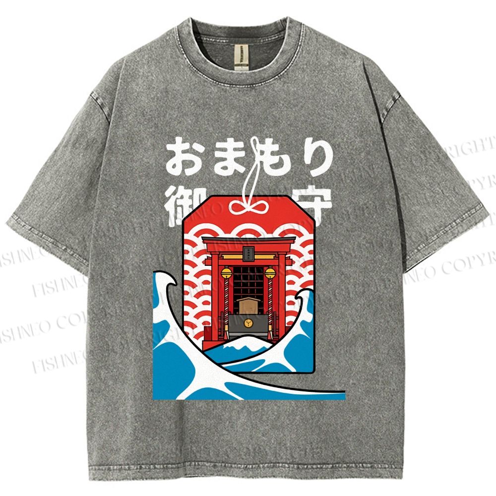 Unisex Japanese Art Wave Printed Washed Tee