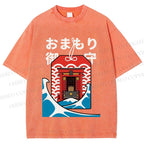 Unisex Japanese Art Wave Printed Washed Tee