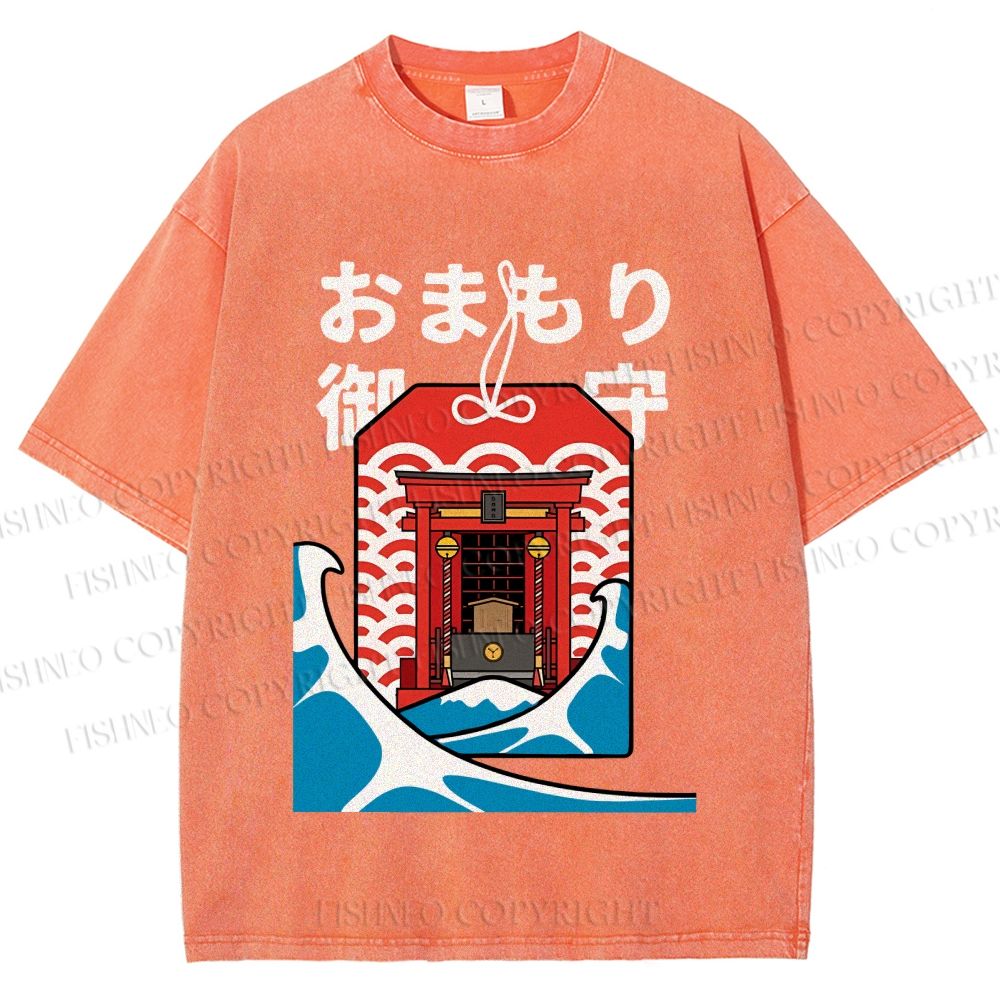 Unisex Japanese Art Wave Printed Washed Tee