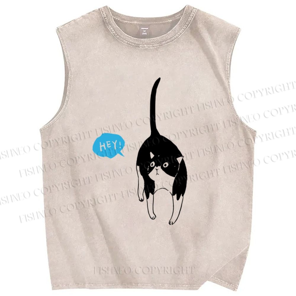 Unisex Moo Cat Say Hey Printed Washed Tank Top