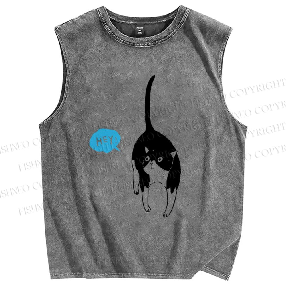 Unisex Moo Cat Say Hey Printed Washed Tank Top