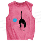 Unisex Moo Cat Say Hey Printed Washed Tank Top