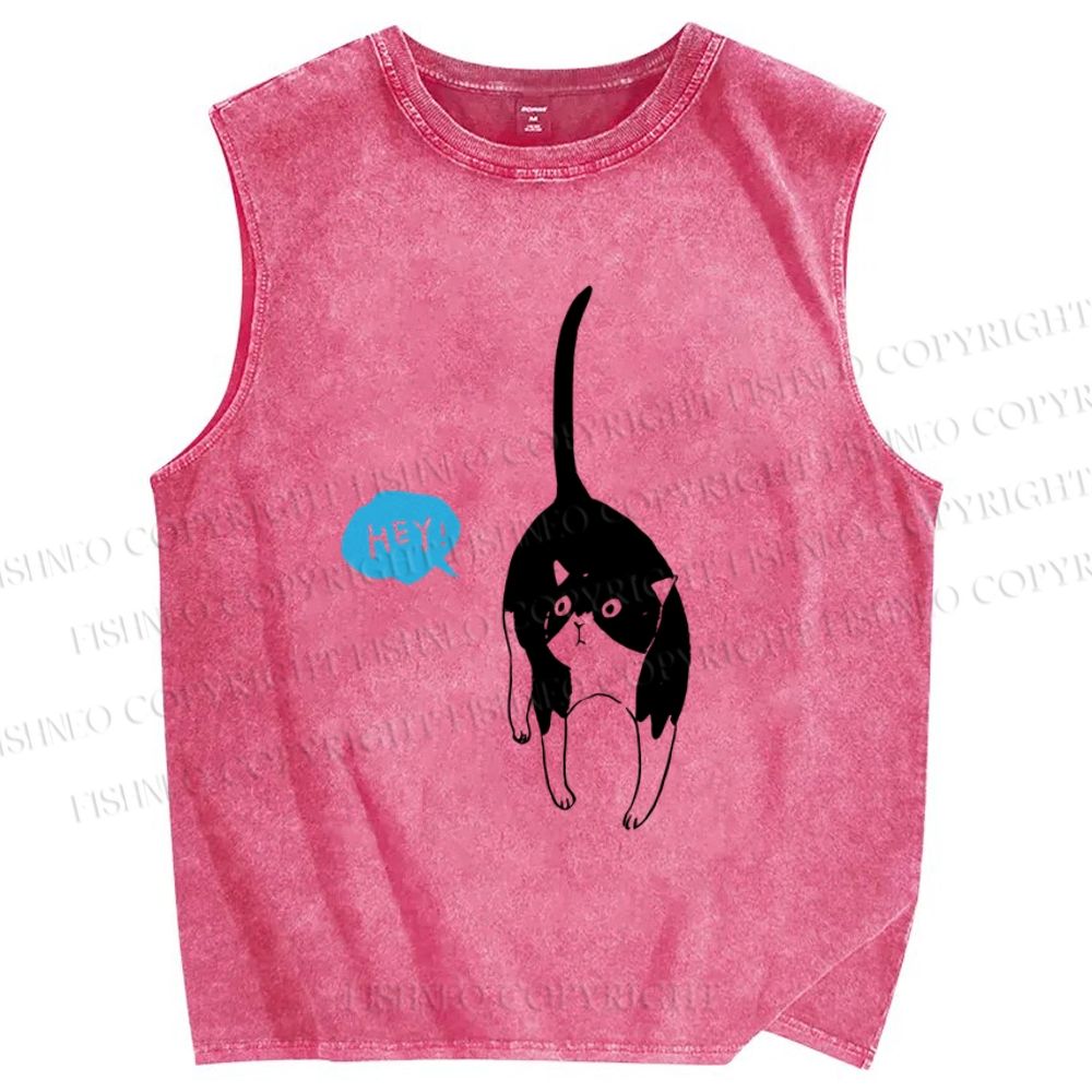 Unisex Moo Cat Say Hey Printed Washed Tank Top